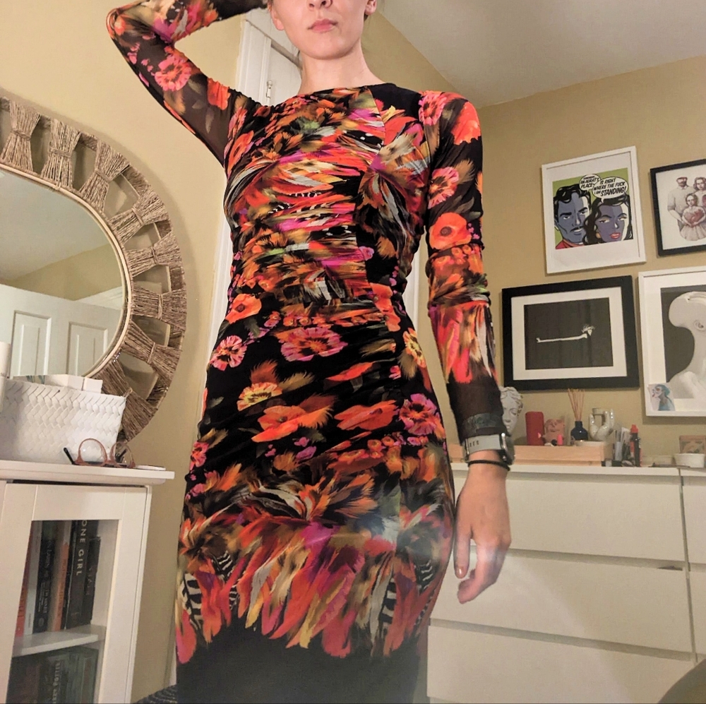 FUZZI Floral Mesh Midi Dress